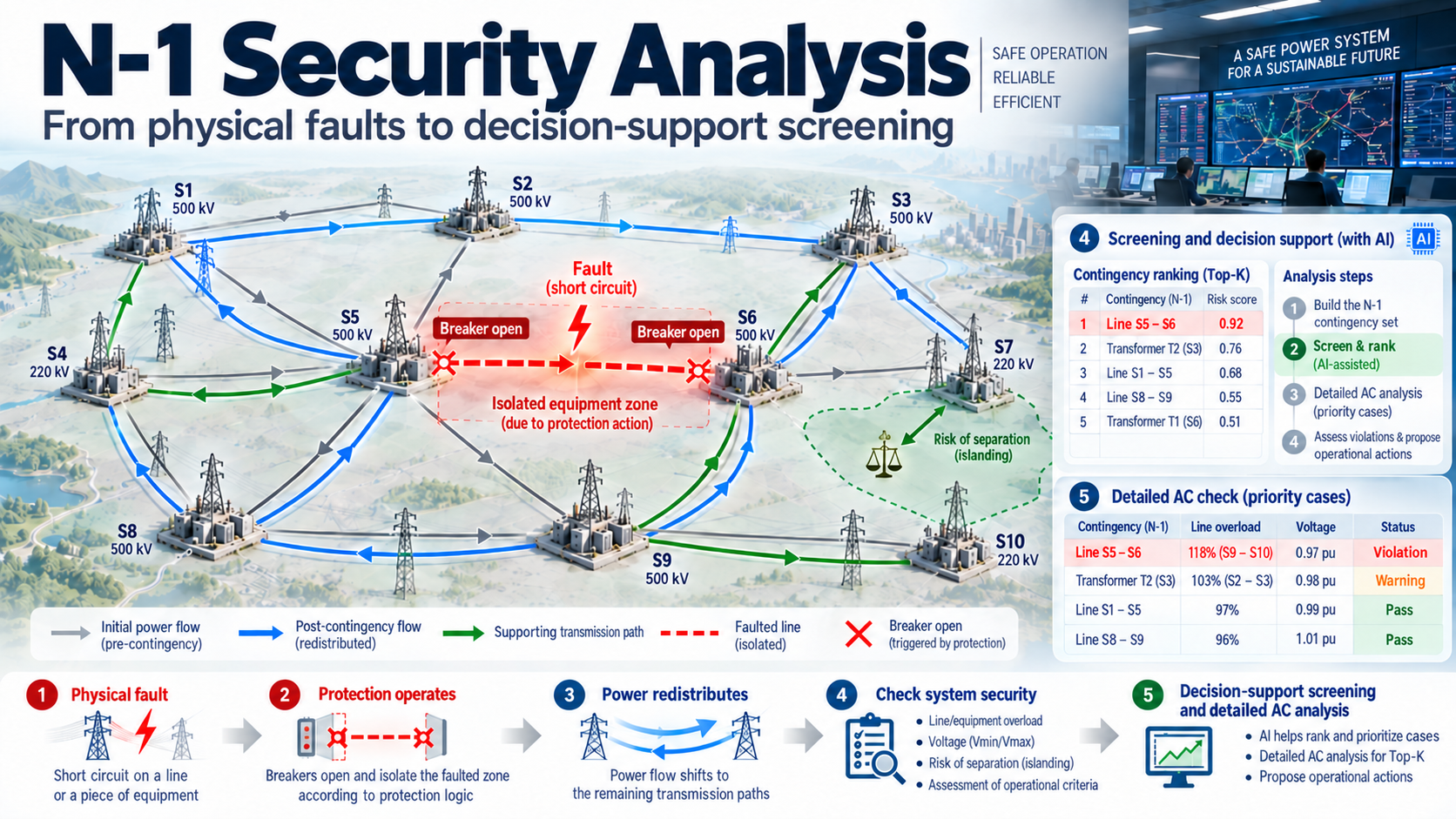 N-1 security analysis from physical faults to decision-support screening