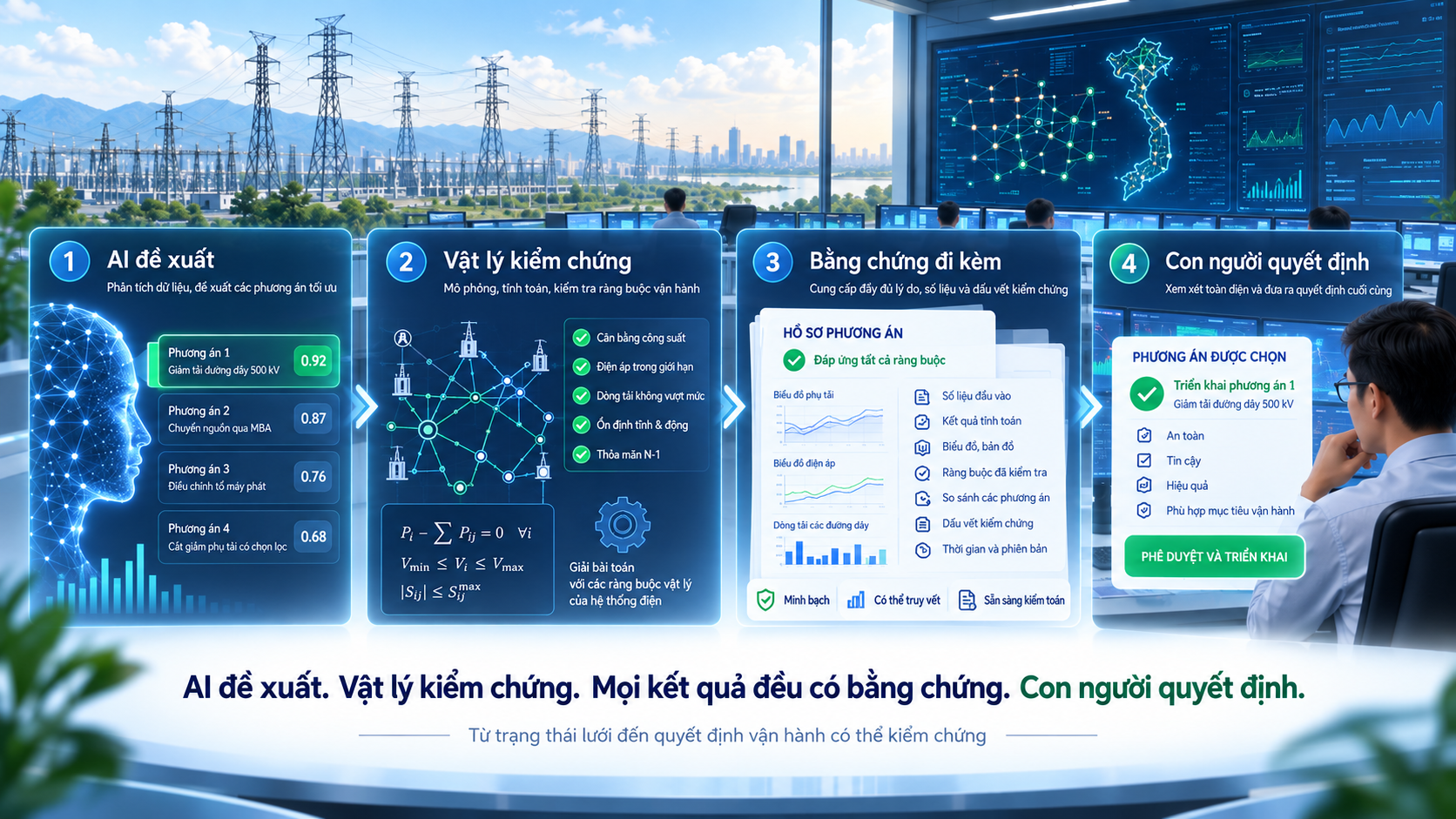 AI architecture for grid operations: AI proposes, physics verifies, evidence accompanies every result, and humans decide.